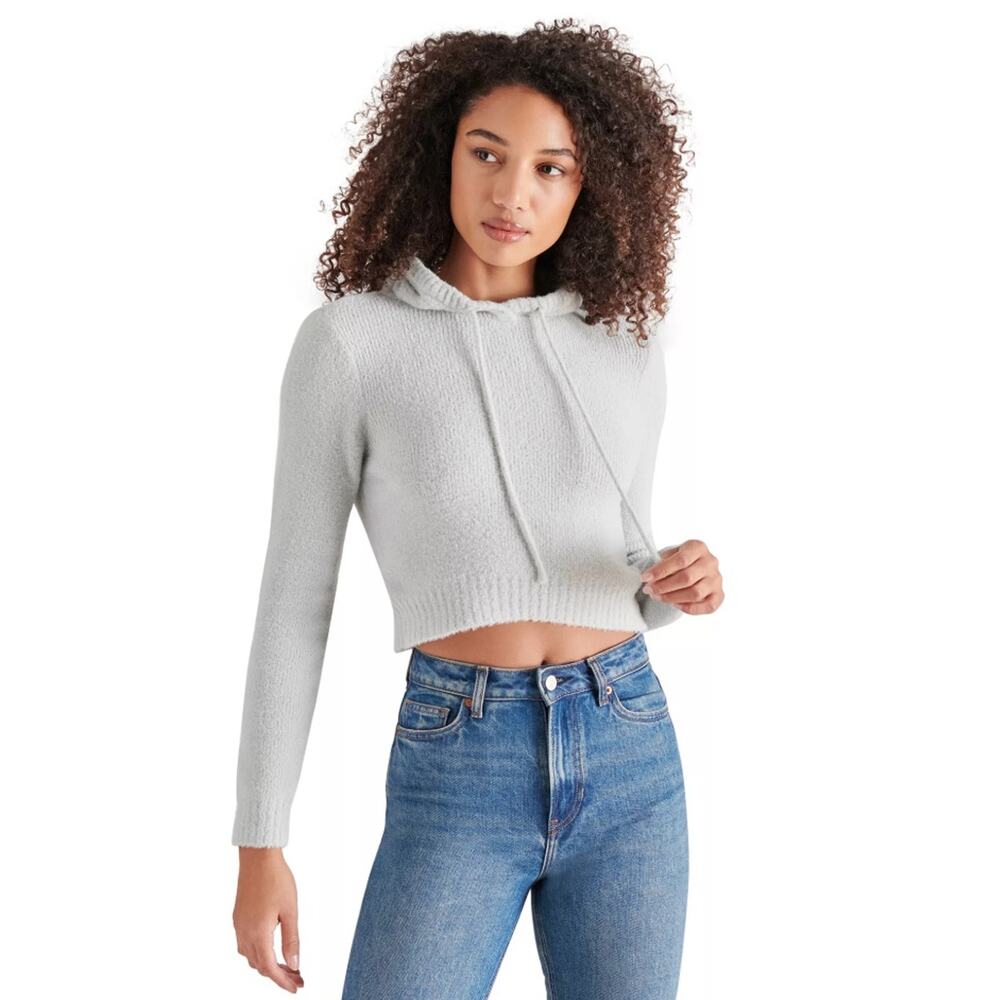 Steve Madden Women Steel Blue Cable Knit Hidra Cropped Hoodie Sweater Size S
